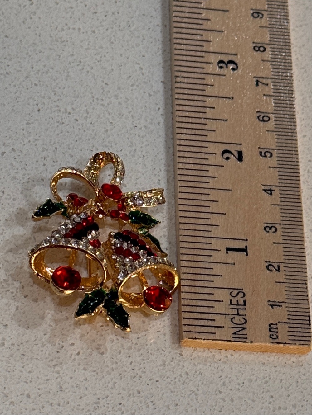Festive Gold-Tone Red & Green Crystal Bell Brooch - Picture 4 of 4